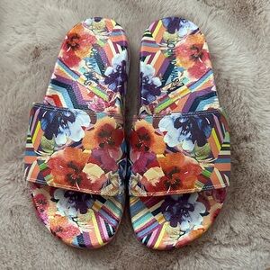 Johnny Was Multicolor Floral Stripe Pool Slide Sandals Size 6 NWOT